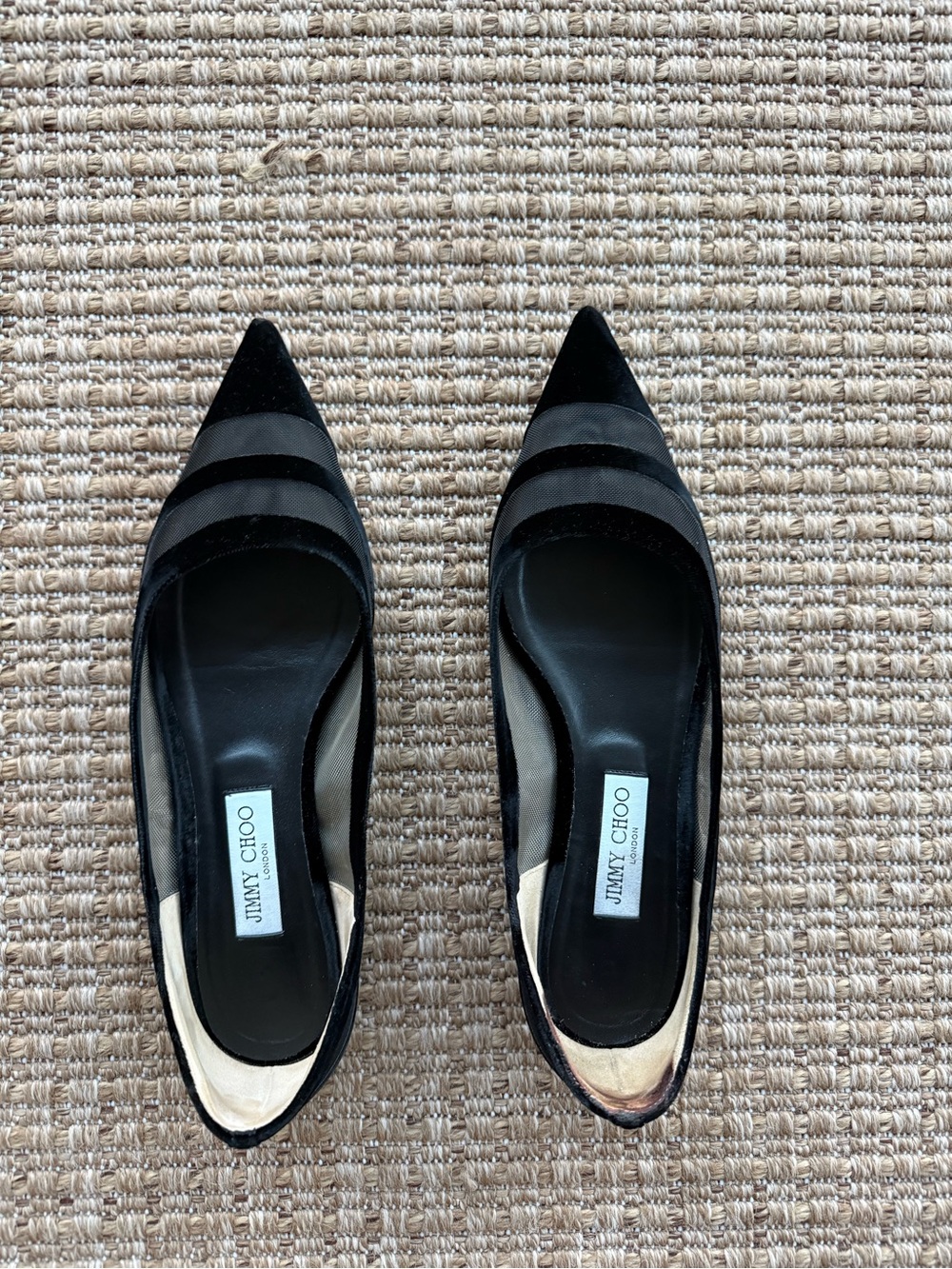 Jimmy Choo Black Pointed-Toe Flats with Sheer Panels